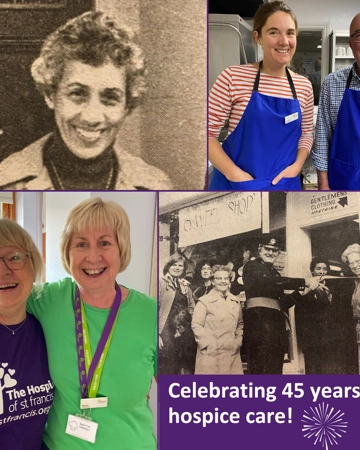 Celebrating 45 years of hospice care. Image of volunteers and founder Pam Macpherson